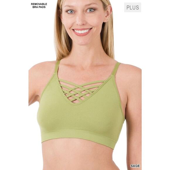 1X/2X Sage Green Front V Lattice Bralette + bra padding adjustable straps Zenana - Picture 16 of 16